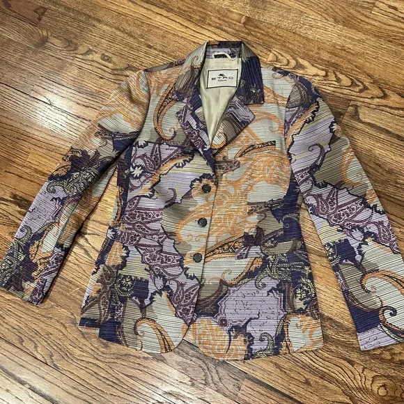 ETRO MILANO Purple Gray Orange Paisley Wool Silk Blend Blazer Jacket Sz 42 - Picture 2 of 13